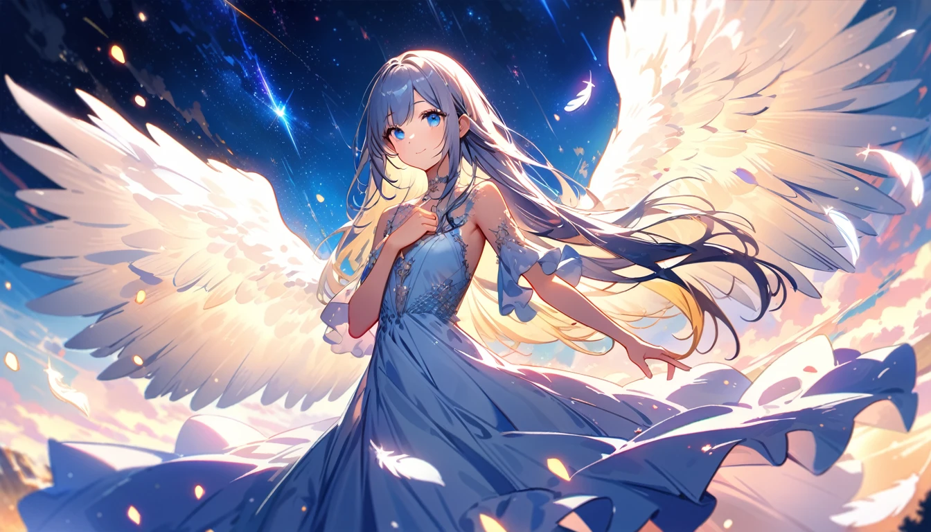 (best quality:1.2),(hands finger 5 digits:1.3),(extremely delicate and beautiful:1.3),(detailed ultra detailed:1.2),(scenery clear details:1.2),(scenery crystal clear :1.2),(solo),(blue eyes),(long white long hair),(white dress),(angel wings),(floating white feathers,starry sky),(clusters of stars,starry sky),(glinting stars),(solo),(long silver long hair),(best quality:1.2),(hands finger 5 digits:1.3),(extremely delicate and beautiful:1.3),(detailed ultra detailed:1.2),(scenery clear details:1.2),