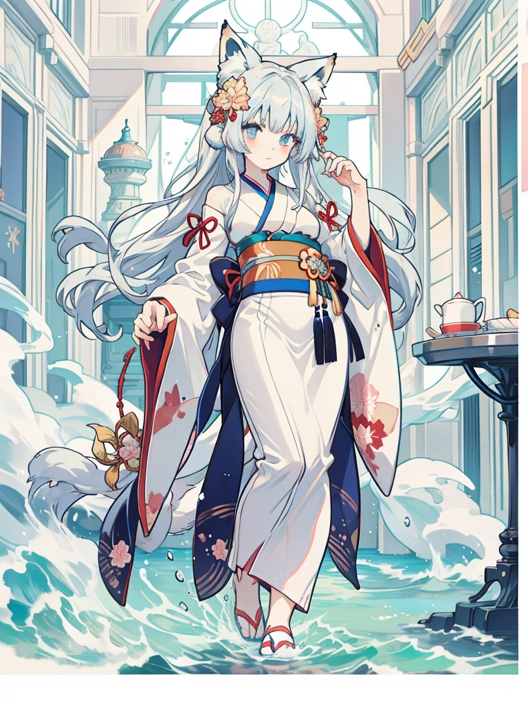  Anime role play, Anime girl role play, Anime style mixed with Fuji film, role play, a beautiful fox woman, silver hair girl, real life anime girls, kimono foxear