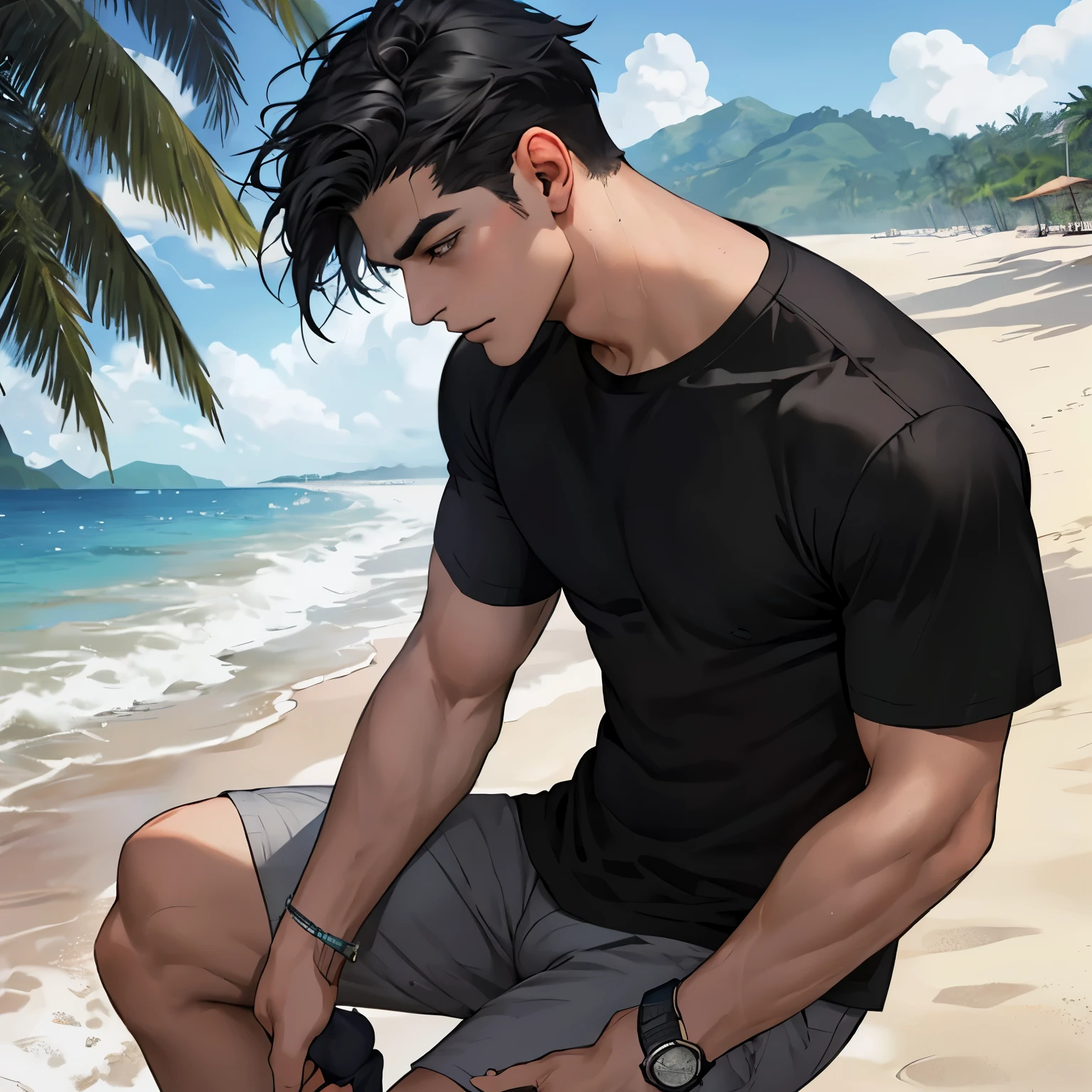 lifelike,(The Masterpiece,Top quality,best qulity,officlal art),greatly detailed,Colorful,Most detailed,god,shorter hair,black color hair,Handsome man,short sleeve,beach,