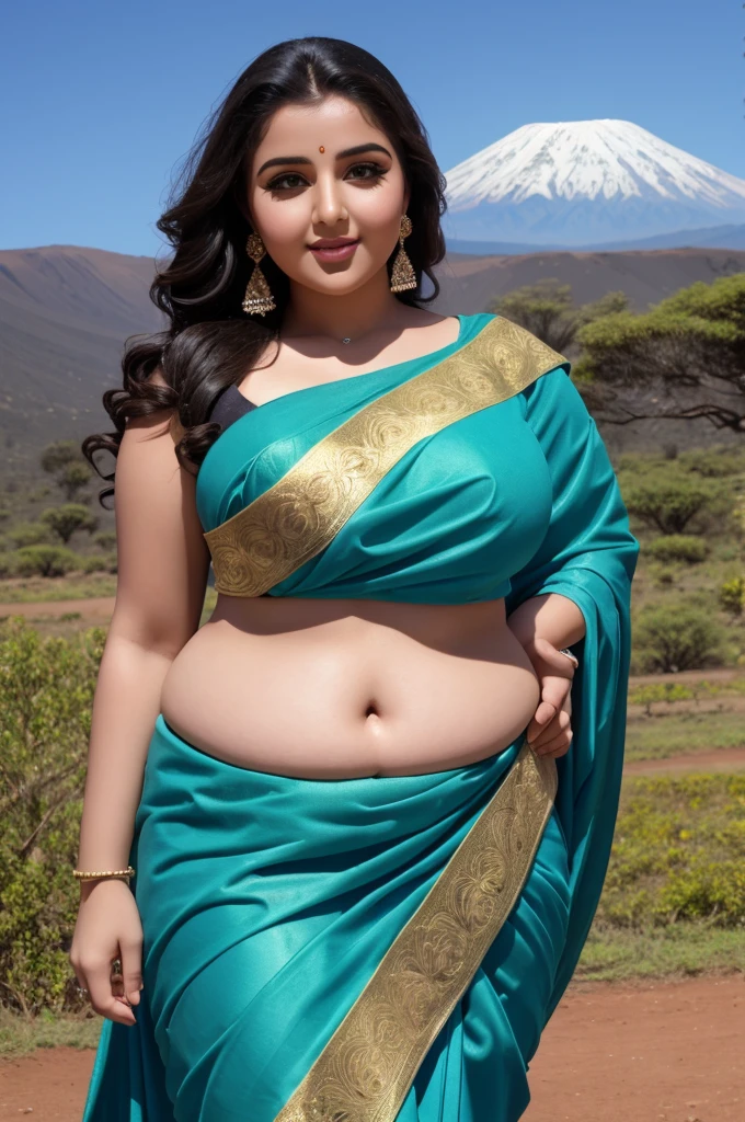1 Heavenly beautiful and goddess beauty cute and sweet looking face Arabian woman in front of Mount Kilimanjaro, Heavenly beautiful Overweight, Heavenly beautiful Extremely fat, Heavenly beautiful and attractive Chubby figure , Heavenly beautiful looking and eye catching luxury style tight fitting Elegant saree, reaching out, Heavenly beautiful Arabian woman, 16k, High resolution, masterpiece, highest quality, fine skin, close up figure view, Realistic Photograph