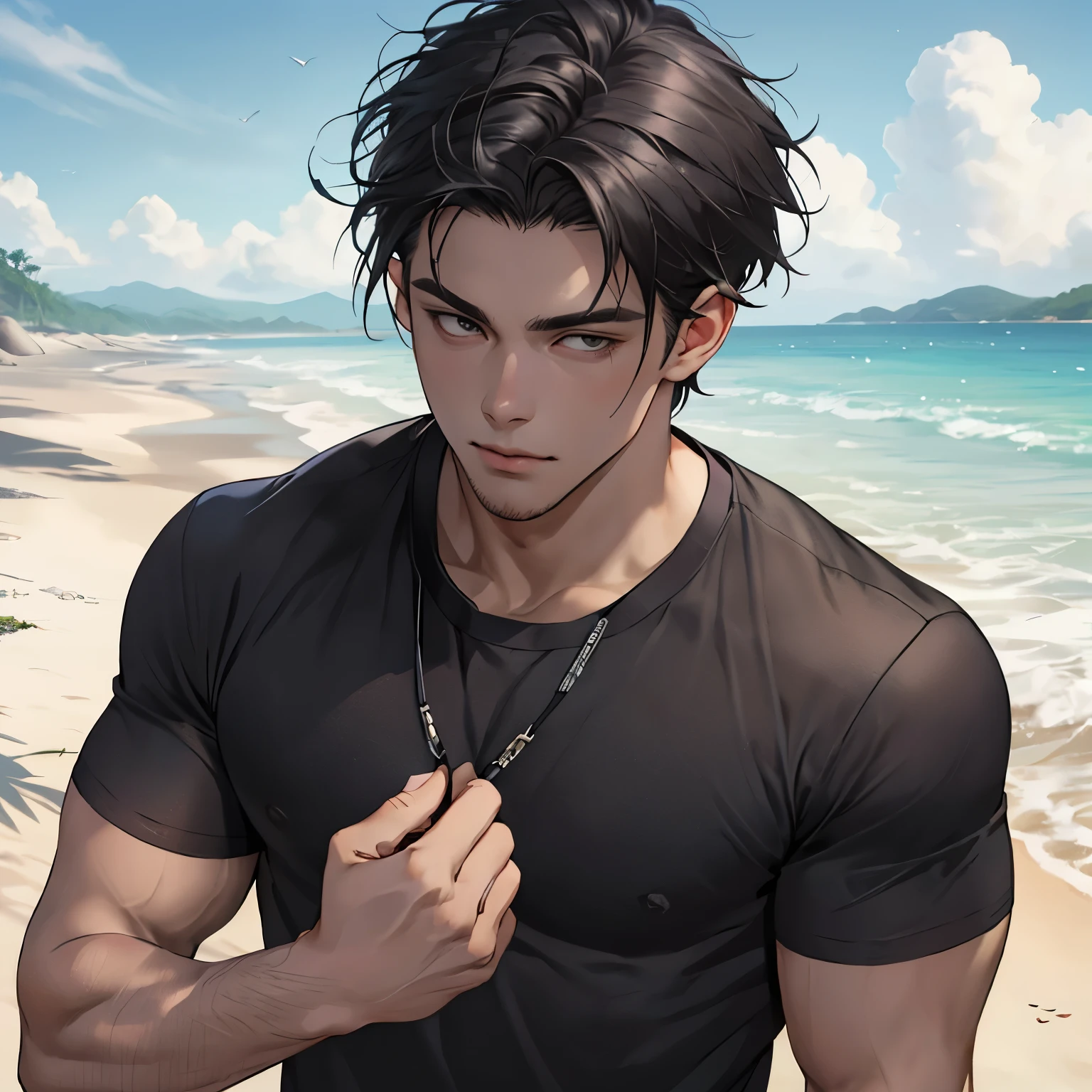 lifelike，（The Masterpiece，Top quality，best qulity，officlal art），greatly detailed，Colorful，Most detailed，god，shorter hair，black color hair，Handsome man，short sleeve，beach，