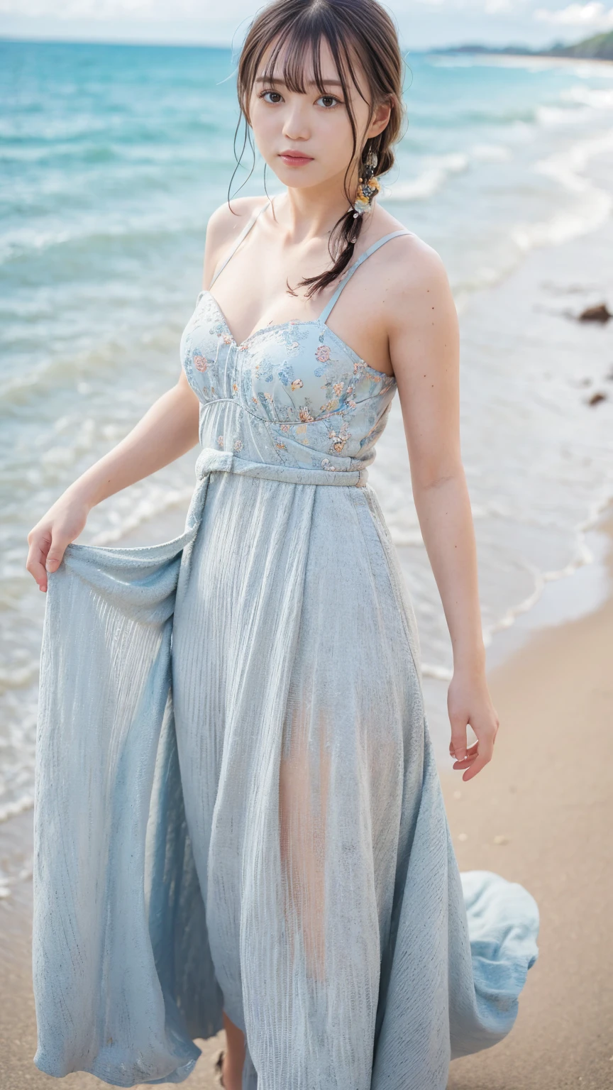 (masterpiece), (Highest quality), (Very detailed),(Disheveled Hair),(shape), (One Girl), (Summer clothes), Are standing, Fashion Model, View your viewers, (interview), (Beach),Beautiful details, Delicate and beautiful face, floating,(High saturation),(Colorful splashes),Colorful bubbles,(The Shining), Focus on the face,  Hair Ring, Floating Flowers, Floating Hair, (The Shining), Best lighting, Best Shadow,