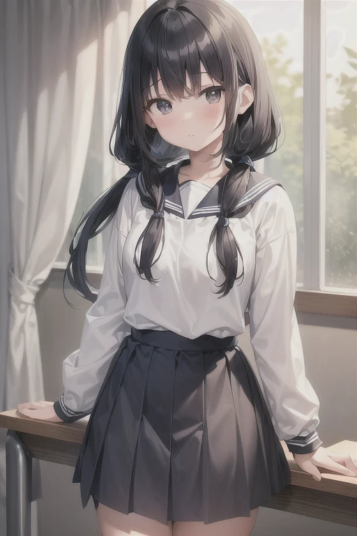 (best quality, masterpiece, high-resolution, detail), a girl, , (low twintails:1.2), low pigtails, black hair, long hair, (Navy blue sailor), (light blue ribbon of the sailor), long sleeves, skirt, classroom, evening, from front, anime