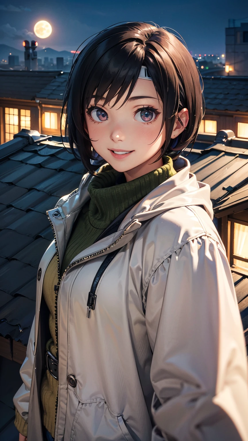 8K quality,(super masterpiece:1.3),Highest quality,Detailed Images,The real picture,Natural lighting,symmetrical beauty,1 female,Yuffie Kisaragi,20-year-old,(微smile,smile,smile),Hairstyle(short hair),head band,(very cute:1.3),background(On the roof,rooftop,night,full moon),(Face directly towards the camera,Looking directly at the viewer,looking at the camera,The body faces the viewer,The body is facing the direction of the camera,Face looking straight into the camera).