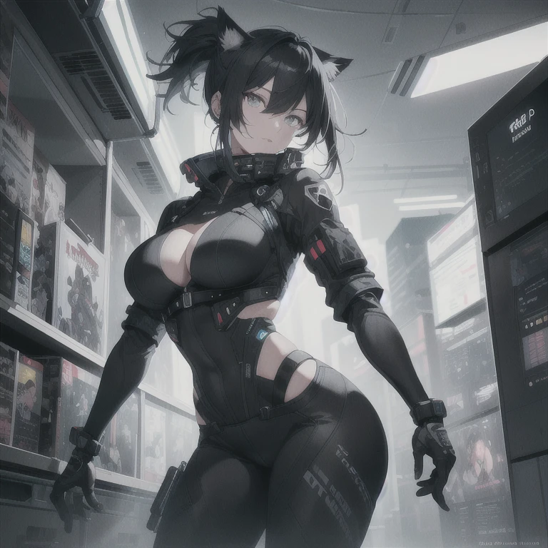 Absurd resolution, high resolution, (masterpiece: 1.4), hyper-detail, full body shot, solo, 1 kemono feline cat woman, black hair, messy ponytail, cute face, detailed soft grey eyes, extremely large bust, huge hyper super breasts, wide full hips, narrower torso, smaller torso, full thicc soft thighs, rounded full soft butt, monochrome black and grey fullbody covering protective padding pilot rugged utility suit with white chest, scifi padded high collar techwear jacket with white and black triangular decals and techwear iconography, techwear gloves, arm mounted strapped display scifi tablet/communication device/computer, rugged tablet display mounted on MOLLE strap on top of her bust, fitted utility pants, near future scifi, cyberpunk aesthetic, anime aesthetic