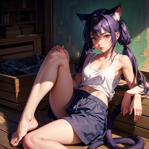 Realistic poster portrait of Masnya, (Purple skin color:1.1), Cat ear, alone, Jeremy Lipking, William Bouguereau, (Alphonse Mucha:0.5), By d-art , SFW Dark blue hair girl, Cat ears and tail, Wearing a tank top and racing pants. body type Twin tails Female genitalia is visible Detailed depiction of female genitalia Flat Chest Stern expression With legs apart