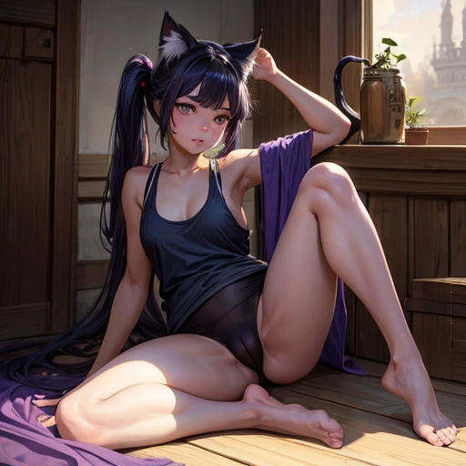 Realistic poster portrait of Masnya, (Purple skin color:1.1), Cat ear, alone, Jeremy Lipking, William Bouguereau, (Alphonse Mucha:0.5), By d-art , SFW Dark blue hair girl, Cat ears and tail, Wearing a tank top and racing pants.　 body type　　Twin tails　Female genitalia is visible　　Detailed depiction of female genitalia　Flat Chest　Stern expression　With legs apart