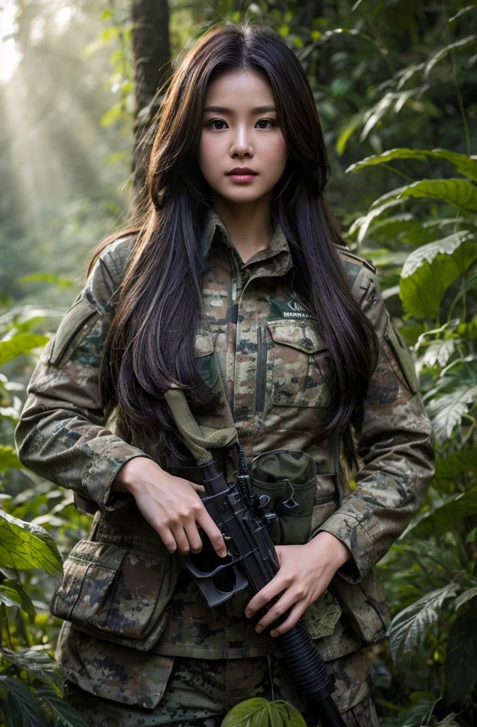 Create a picture of a beautiful Indonesian woman in military camouflage clothing holding an air gun, standing in a dense forest with sunlight filtering through the leaves. The woman must have long brown hair and be positioned as if she is on a surveillance mission, at one with the natural surroundings.