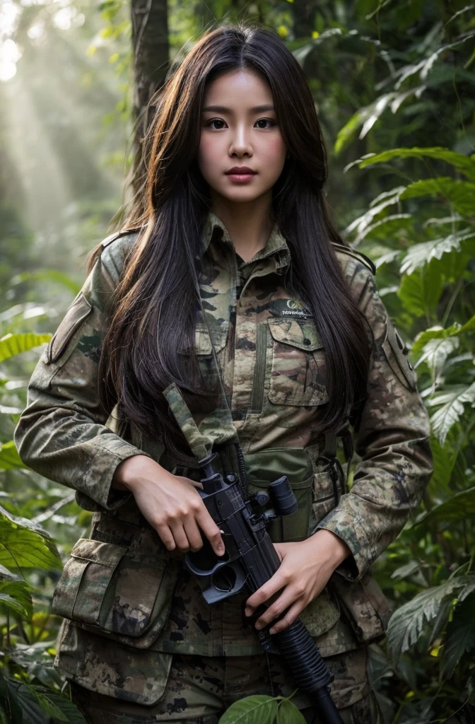 Create a picture of a beautiful Indonesian woman in military camouflage clothing holding an air gun, standing in a dense forest with sunlight filtering through the leaves. The woman must have long brown hair and be positioned as if she is on a surveillance mission, at one with the natural surroundings.