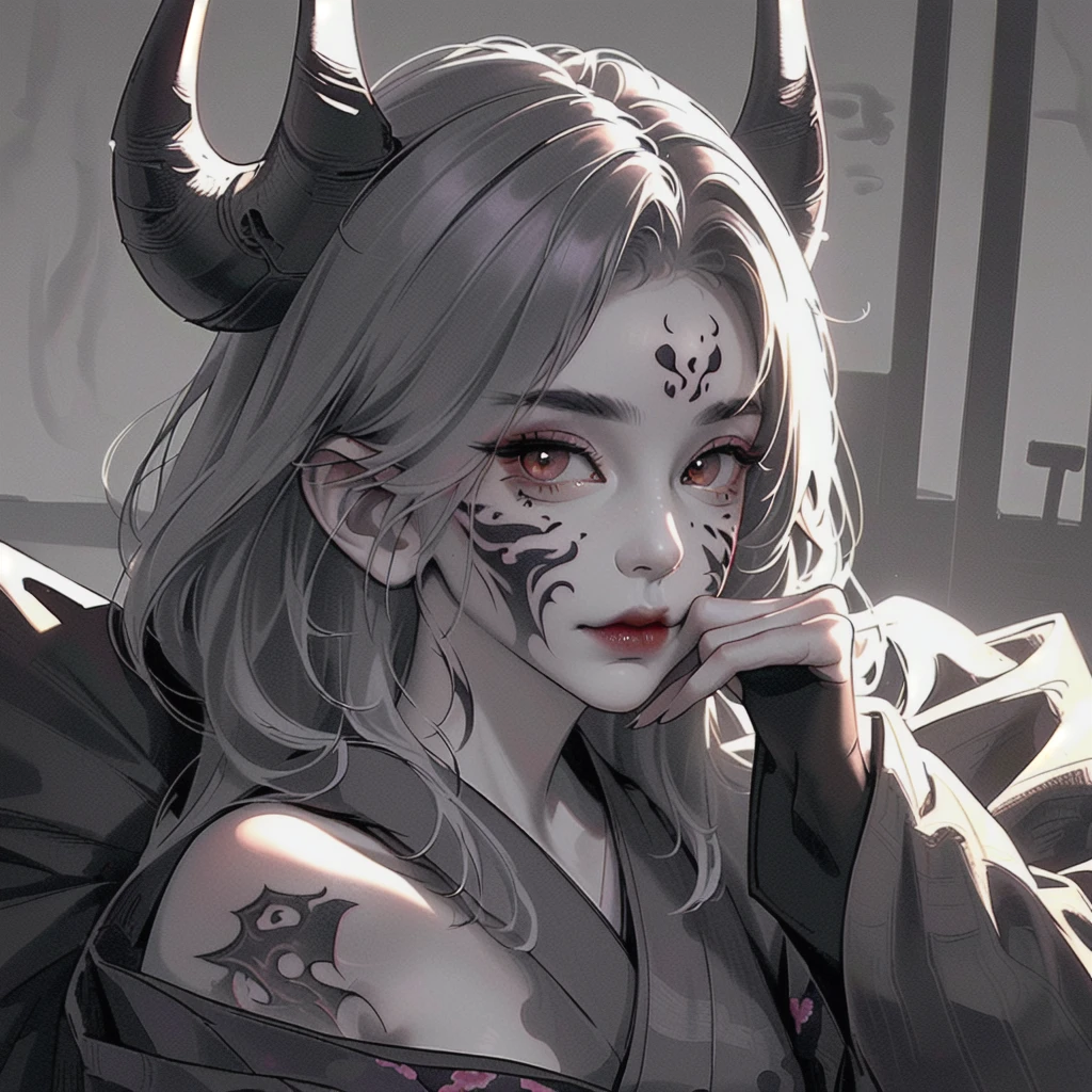 (Photorealistic:1.3), masterpiece, Best quality, (complex parts:1.2), (landscape:1.3), Beautiful face, (black theme:1.3), 
(((1 girl, A girl in a patterned kimono holds a dagger in her hand, (look at the viewer:1.3), (face tattoo:1.2), small oni-horn, 
))), whole body, Divide in half