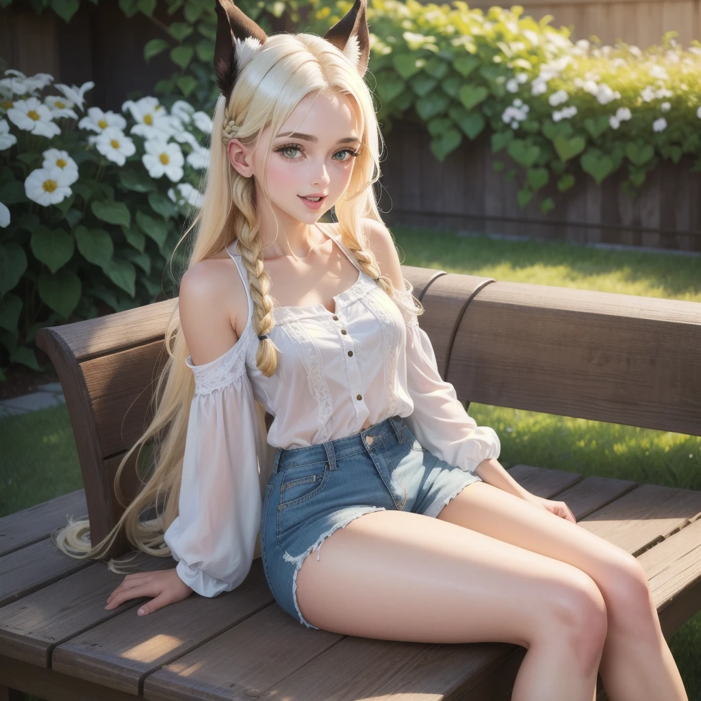 Girl with dog ears and tail, erect ears, honey yellow eyes, Highly detailed eyes, long hair and(((( White)))) with a small braid on the sides, denim shorts, translucent and low-cut blouse, whole body, looking up, open mouth smile, big chest, beautiful body, detailed face y con amplia gama de gestos, sitting on a bench around a garden with flowers of various colors, detailed background, detailed face, Play of light and shadows, cinematographic, high quality, 8k, Masterpiece,