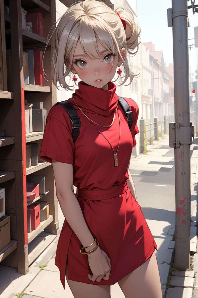 Plain background, One girl, Standing pose, Bright red outfit, Y2K, sneakers, whole body, Girl, scarf, Girls Shots, compensate, mascara, Ahoge, Soft lips、Fluid silhouette, Short sleeve, Elegant and luxurious materials and design, Minimal accessories, Silver or gold necklaces and thin rings, grace,