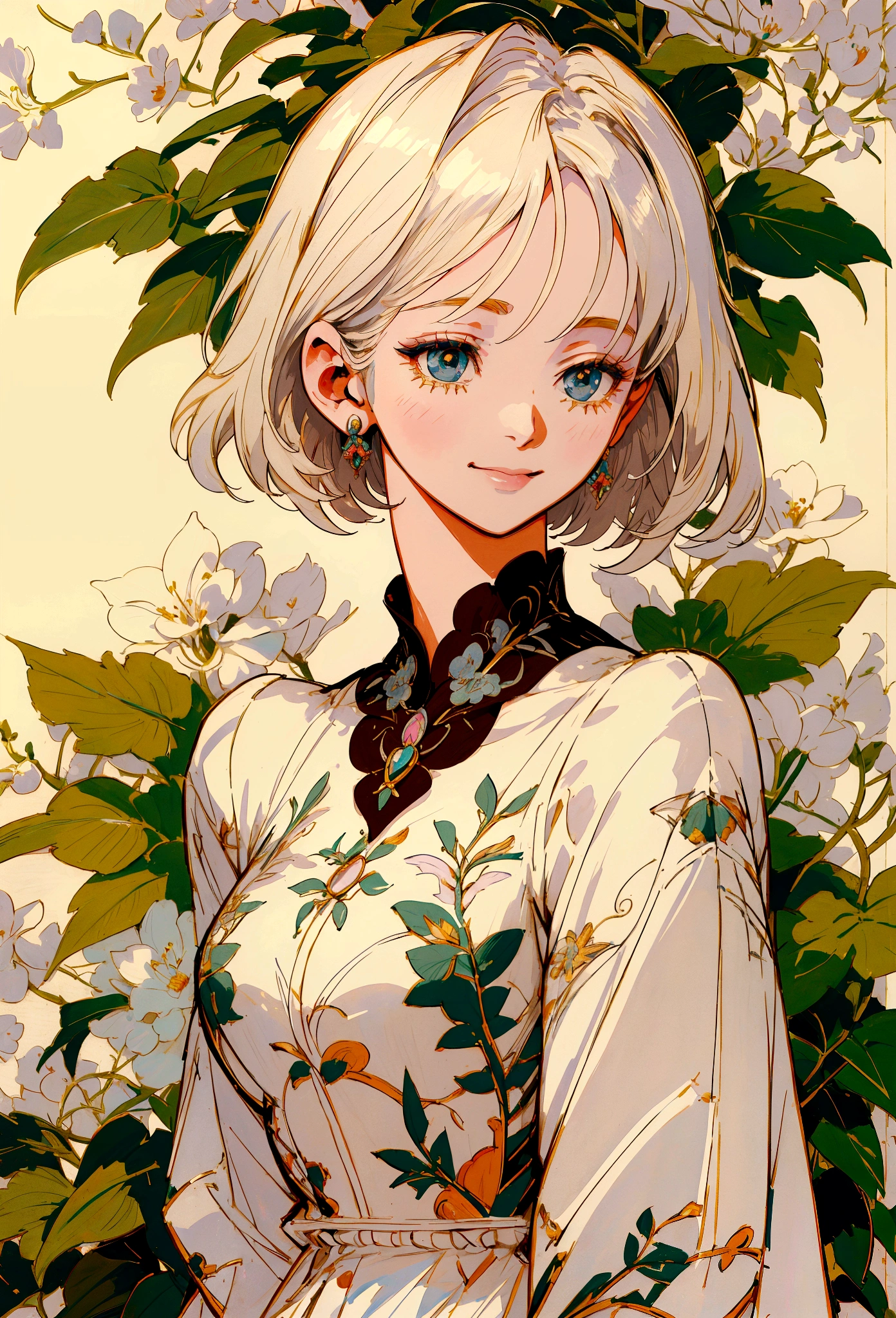 Anime Style, Kind Madame, Short Hair, Platinum Blonde, lady, She is wearing a beautifully embroidered white silk dress., A kind smile, Elegant, Ultra-detailed botanical references, Maximalist Botany, beautifully、Aesthetically beautiful illustration masterpiece, Topaz AI Post Editing