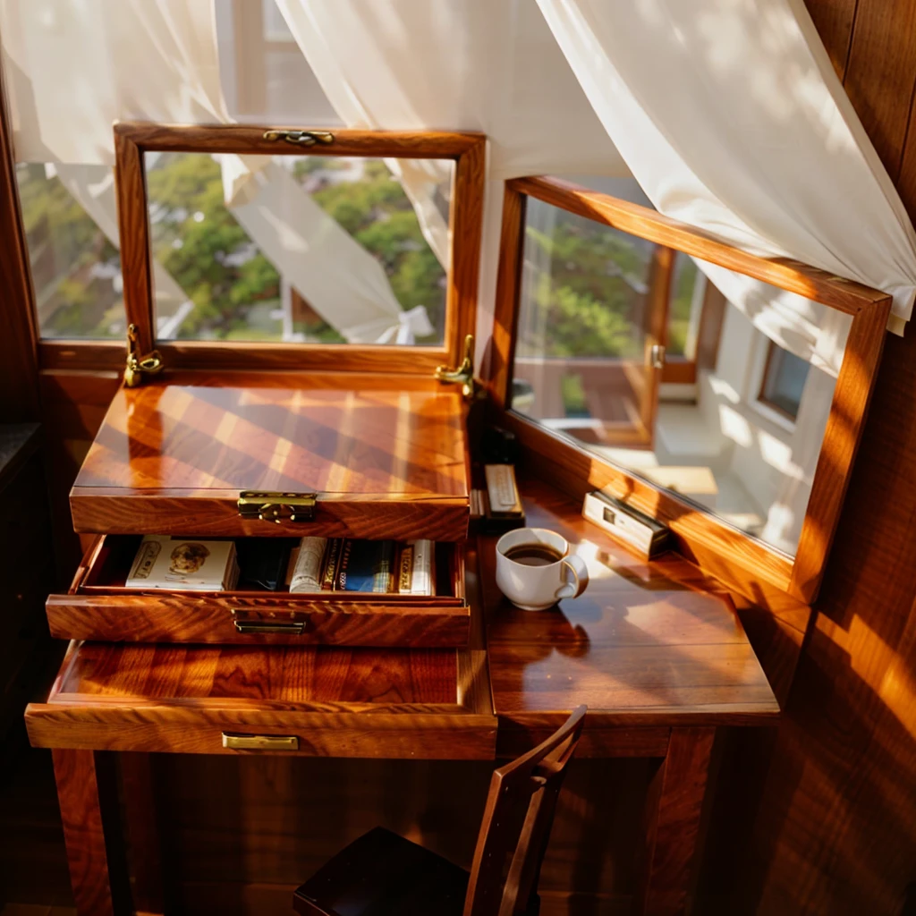 In this cozy room,A ray of sunlight shone through the half-drawn curtains on the table,Let the wood grain on the watch storage box shine with a faint luster。There was a calm and peaceful atmosphere in the air around them。There are several still lifes hanging on the walls of the room,It adds a touch of elegance to the space。And on the other side of the room,The half-open window lets in the breeze,The pages on the small desk by the window turned in the wind,This quiet scene gives a sense of tranquility and comfort。