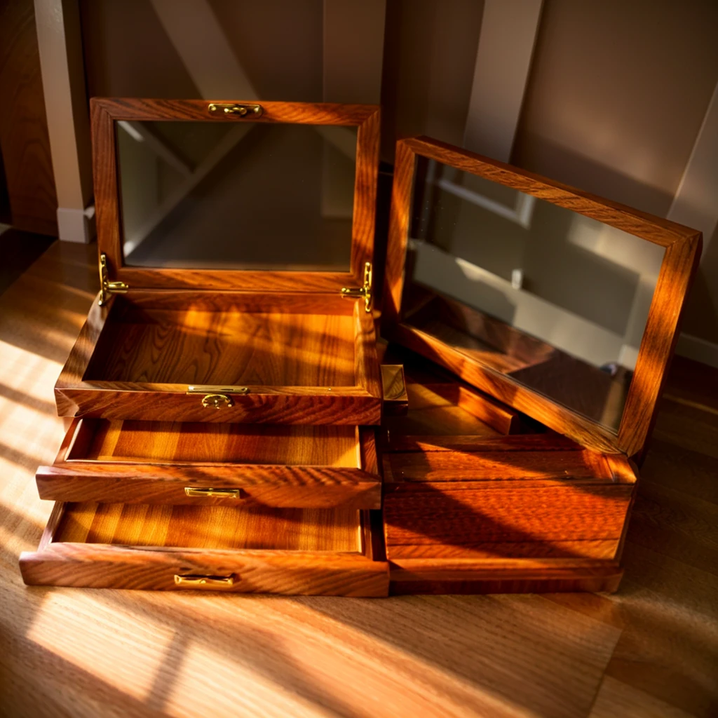 In this cozy room，A ray of sunlight shone through the half-drawn curtains on the table，Let the wood grain on the watch storage box shine with a faint luster。There was a calm and peaceful atmosphere in the air around them。There are several still lifes hanging on the walls of the room，It adds a touch of elegance to the space。And on the other side of the room，The half-open window lets in the breeze，The pages on the small desk by the window turned in the wind，This quiet scene gives a sense of tranquility and comfort。


