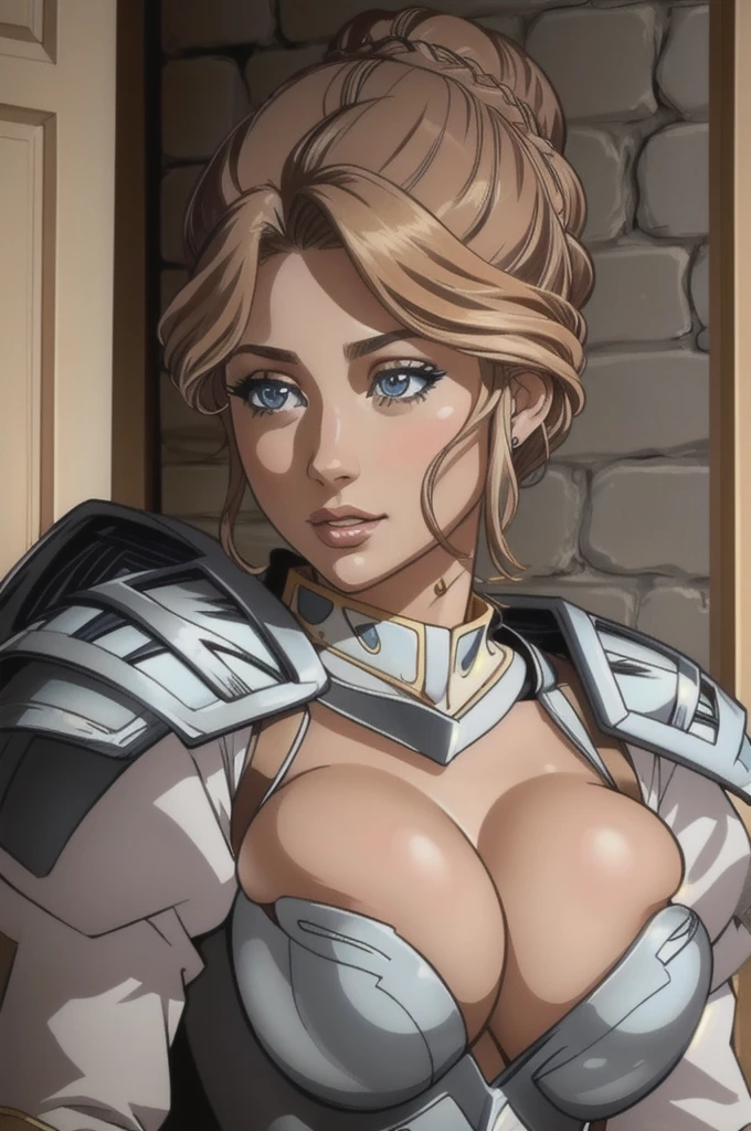 {{masterpiece}}, {{best quality}}, {an extremely delicate and beautiful}, {{an extremely delicate and beautiful girl}}, mature female, beautiful detailed eyes, delicate face, 1girl, claudialevantinekuroinu, large breasts, knight armor, bursting breasts