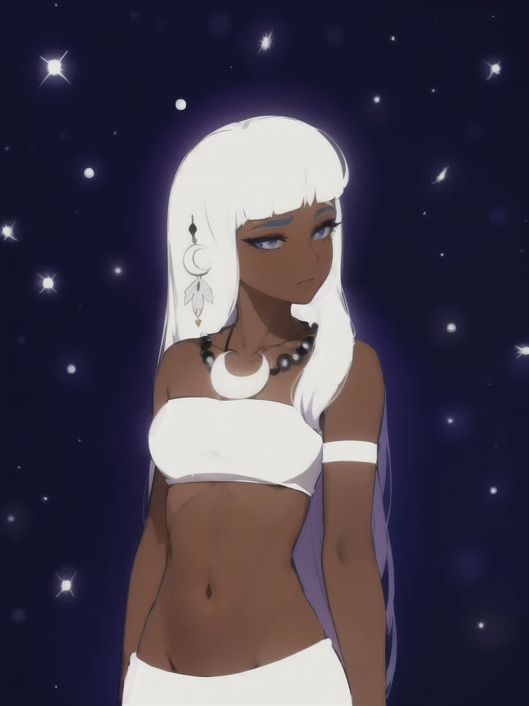 Goddess Jaci, Indigenous, Goddess of the moon, Brazilian legend, white hair, straight hair, straight bangs, black skin, white clothes, moon accessories, beautiful girl, big eyelashes, Necklace with blue and black pearls with a moon lying in the middle of them, Hair accessory with three feathers and a moon, black moon outline on the face