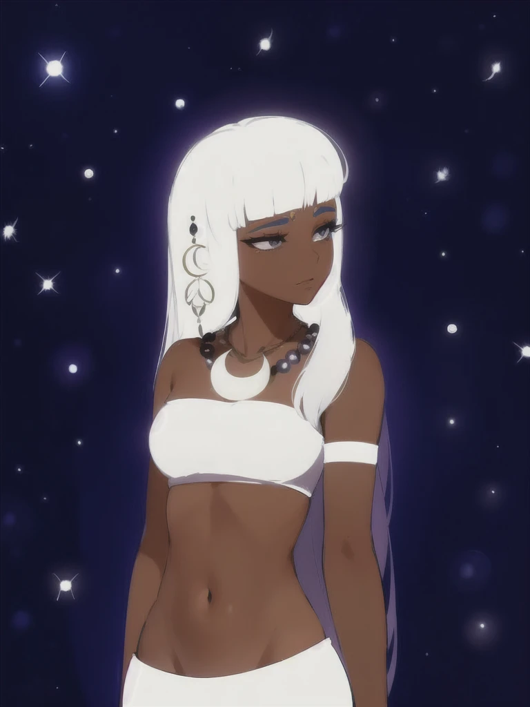 Goddess Jaci, Indigenous, Goddess of the moon, Brazilian legend, white hair, straight hair, straight bangs, black skin, white clothes, moon accessories, beautiful girl, big eyelashes, Necklace with blue and black pearls with a moon lying in the middle of them, Hair accessory with three feathers and a moon, black moon outline on the face