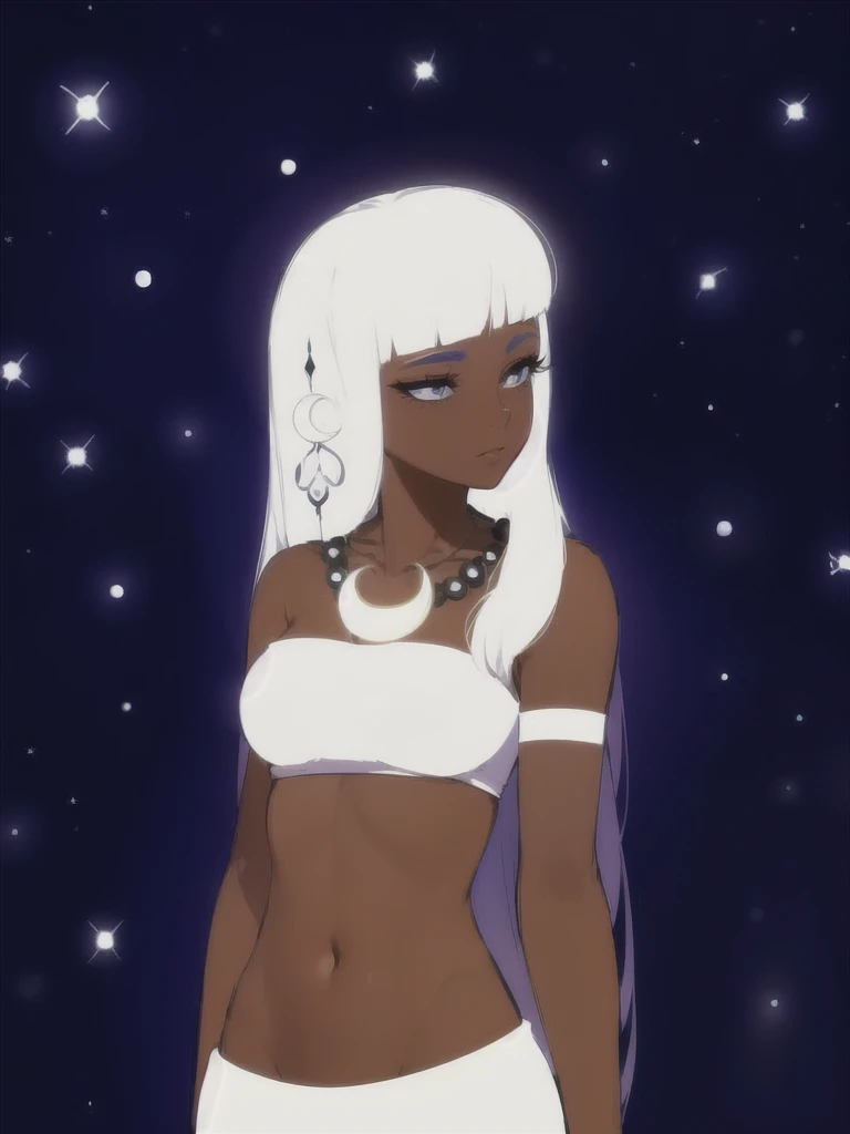 Goddess Jaci, Indigenous, Goddess of the moon, Brazilian legend, white hair, straight hair, straight bangs, black skin, white clothes, moon accessories, beautiful girl, big eyelashes, Necklace with blue and black pearls with a moon lying in the middle of them, Hair accessory with three feathers and a moon, black moon outline on the face