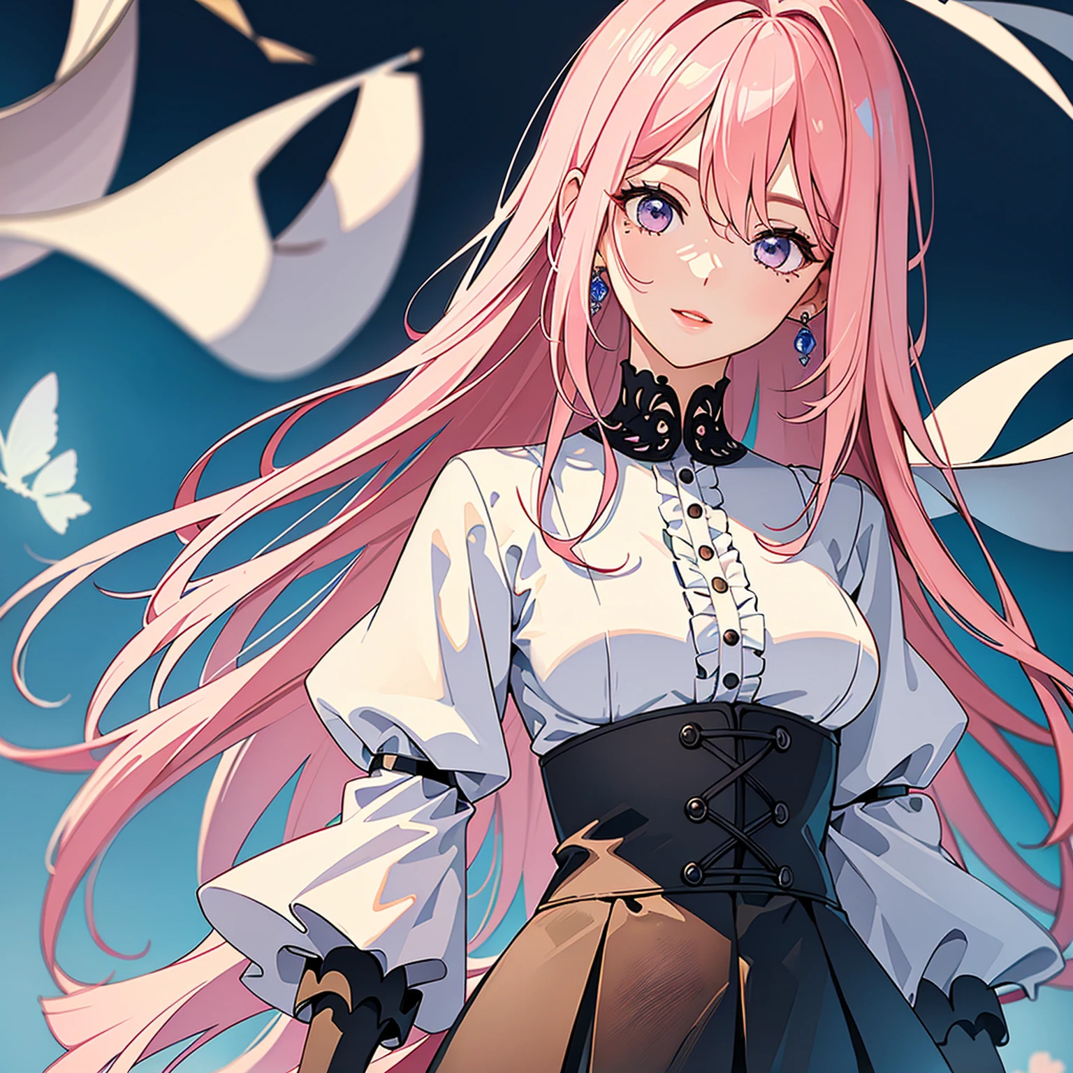 (masterpiece, high quality, best quality, 4k, 8k:1.4), 1girl, solo, pink hair, brown eyes, double-parted bangs, long hair, (mature female, mature:1.2), mole under eye, earrings, white button up, black skirt, detailed face, beautiful detailed eyes, beautiful detailed lips, extremely detailed face, long eyelashes, intricate details, soft lighting, soft color pallette