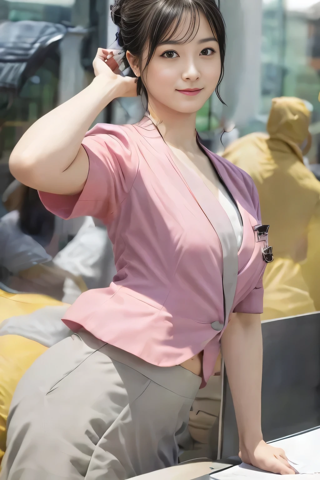 Showing your belly button、(masterpiece:1.2, Highest quality:1.2), 32k HDR, High resolution, (alone、1 girl)、 (Height: 160cm)、(On the rooftop of a building in the daytime、Professional Lighting)、Building rooftop background、(Nankai train crew uniform pinkを着たリアルスタイル)、(Nankai train crew uniform pink short sleeve collarless pink jacket、Nankai Train Crew Uniform Pink Collarless Short Sleeve Blouse、Nankai Train Crew Uniform Pink Grey Knee-length Culottes)、(The pink jacket is showing from the culottes.)、Dark brown hair、(Hair tied up、Hair tied up、Evening curly hairstyle)、Dark brown hair、Long Shot、Big Breasts、Thin legs、((Great hands:2.0)),((Harmonious body proportions:1.5)),((Normal limbs:2.0)),((Normal finger:2.0)),((Delicate eyes:2.0)),((Normal eyes:2.0)))、smile、(Nankai Train Crew Uniform Pink Grey Knee-length Culottesを見せた美しい歩く姿)、Place your hands around your stomach、Lanyard employee ID card