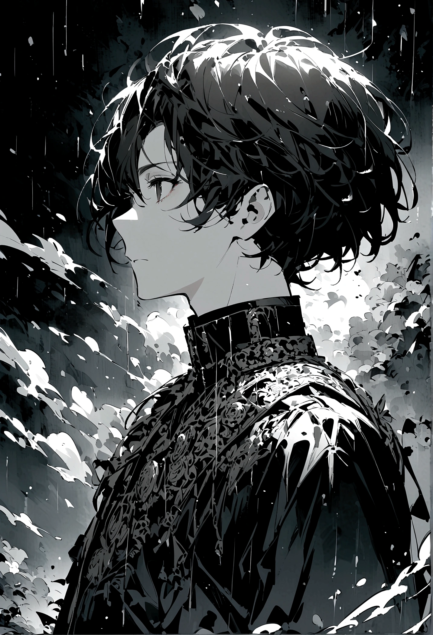 Short hairstyle for men、Black Hair、black eyes、gloomily,moonlight,Cool,rain,((Black and white style))