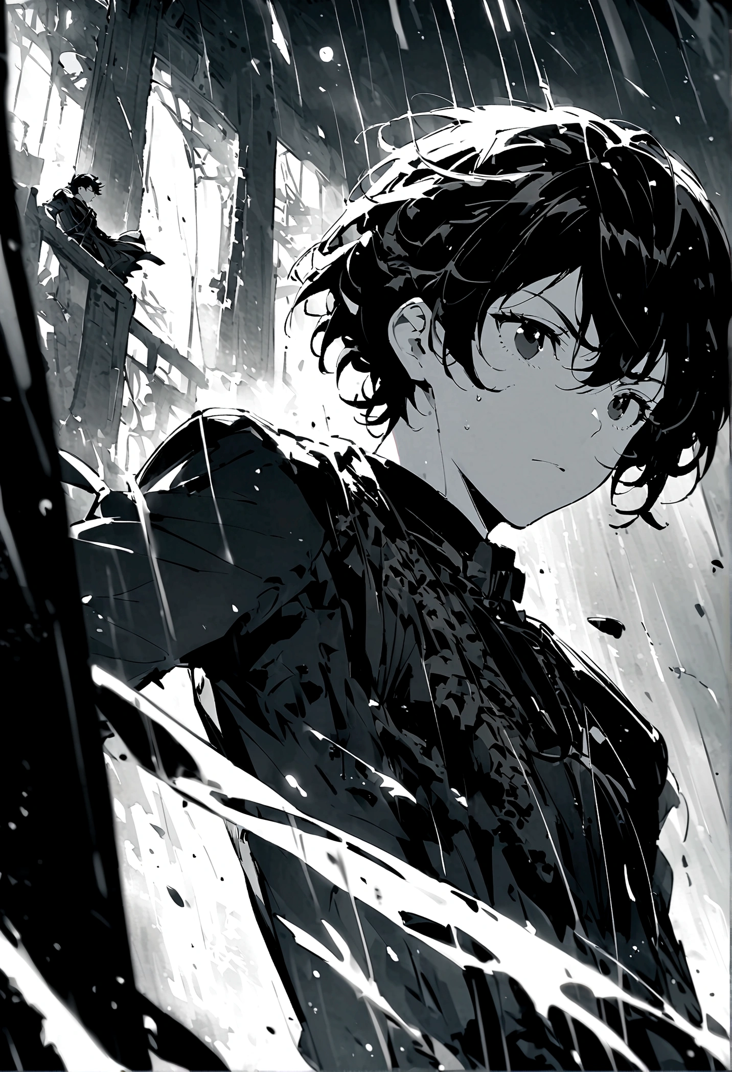 Short hairstyle for men、Black Hair、black eyes、gloomily，moonlight，Cool，rain，((Black and white style))