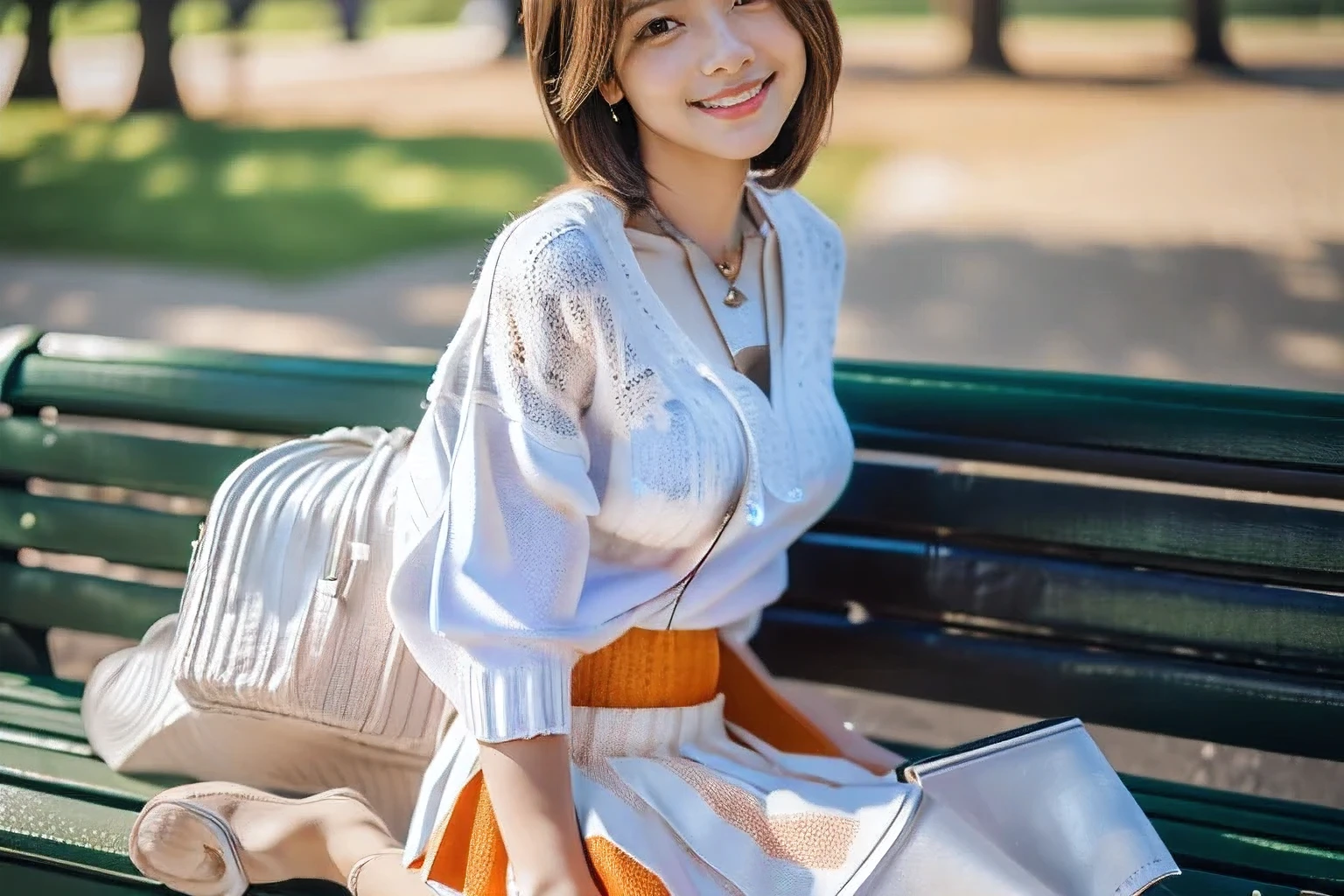 (sitting on a park bench:1.5)、(A kind smile:1.5)、(18-year-old female:1.5)、(The best quality at its best:1.4), (Super detailed), (Very detailed CG unified 16k), Beautiful woman with perfect figure: 1.4, Sharp focus: 1.2, Very detailed, High-quality RAW color photos, Professional photography, Great face and eyes, cosmetics, (Amazingly beautiful girl), ((White summer knit with flared skirt:1.5)), Realistic movie faces, Full body long view from head to toe, Realistic, ((Realistic natural orange red hairstyle)), ( Short Bob Hair:1.5), (necklace:1.5)、, Very beautiful face, Perfect model beauty, Mouth swelling, Highly detailed face and skin texture, Fine grain, double eyelid, Medium chest, (masterpiece), Highest quality, High resolution, Very detailed, Blurred Background, Depth of written boundary, Cinema Lighting, Great legs, , Clear, well-maintained skin,((Full body shot from head to toe:1.5))