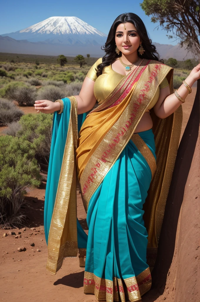 1 Heavenly beautiful and goddess beauty cute and sweet looking face Arabian woman in front of Mount Kilimanjaro, Heavenly beautiful Overweight, Heavenly beautiful Extremely fat, Heavenly beautiful and attractive Chubby figure , Heavenly beautiful looking and eye catching luxury style tight fitting Elegant saree, reaching out, Heavenly beautiful Arabian woman, 16k, High resolution, masterpiece, highest quality, fine skin, close up figure view, Realistic Photograph