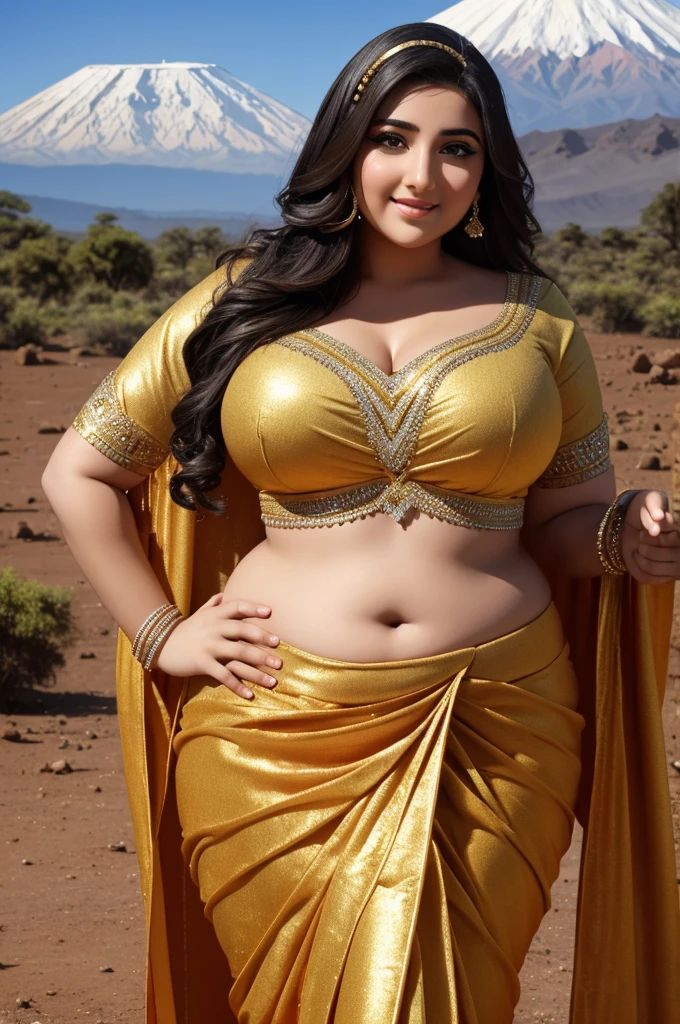 1 Heavenly beautiful and goddess beauty cute and sweet looking face Arabian woman in front of Mount Kilimanjaro, Heavenly beautiful Overweight, Heavenly beautiful Extremely fat, Heavenly beautiful and attractive Chubby figure , Heavenly beautiful looking and eye catching luxury style tight fitting Elegant saree, reaching out, Heavenly beautiful Arabian woman, 16k, High resolution, masterpiece, highest quality, fine skin, close up figure view, Realistic Photograph