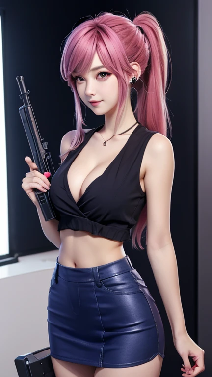 very beautiful anime girl, , modern make-up, modern hairstyle, medium breasts, blue top, cleavage, bare stomach, visible navel, piercing, short skirt, slim legs, holds a machine gun