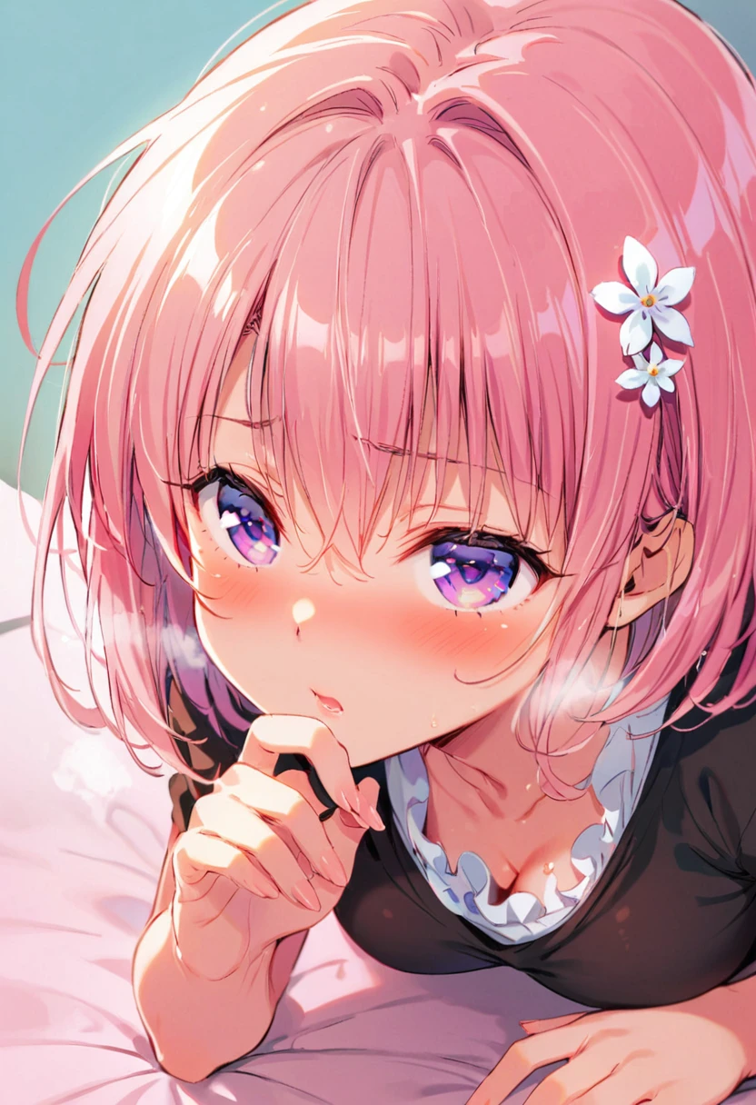 (Perfect Face, Detailed face, Beautiful Eyes,Perfect hands,Perfect Fingers)、Red face、((vapor))、hot、Momo Juvenile Deviluke, Ph Momo, Maternal, Foot, alone, 1 Girl, Pink Hair, Purple eyes, short hair, Hair Flowers, Big eyes, ,A flushed expression、Dirty face、Grin、Drooling、((Love Hotel))、 (masterpiece:1.2, Highest quality), (細かくてBeautiful Eyes: 1.2), (Beautiful and dense face), (Sharp facial hair between the eyes)、(About white panties, Cam, 12 yearinding, Tranies,On all fours、Large Breasts、Neon g、Looking up、Glare、Heavy br、Broken look、Going crazy、shout