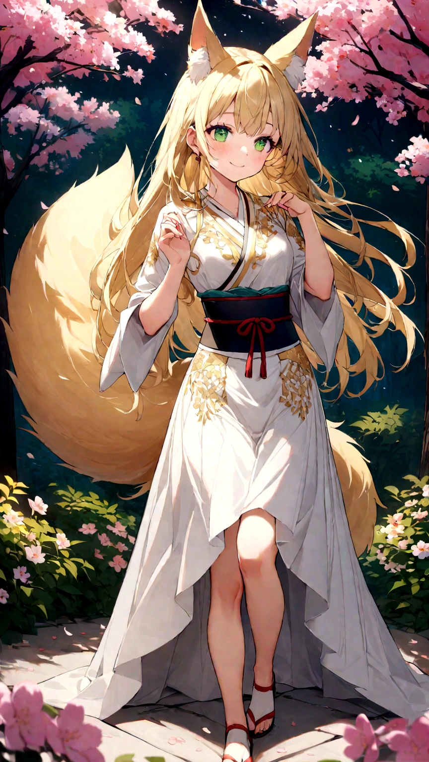 15-year-old beautiful fox beast girl、Wind Flower (Kazahana) Please draw。Straight blonde hair down to the shoulders、Emerald green eyes、He has golden fox ears and a bushy golden fox tail.。She has a slender figure.、It's small and delicate。She is wearing a short Japanese-style dress with gold embroidery on a white background.、The belt has red accents。In a fantastic forest、Or with a Japanese garden with cherry blossoms in full bloom as a backdrop、Smiling kindly。Gently lift the tail with one hand、The other hand is placed near the ear。Small balls of light are dancing at your feet.。Ultra-high resolution, highly detailed digital art、4K、The texture of the fur and clothes、Please capture the natural beauty of the background in detail.。With bright and vivid colors、To enhance her beauty。