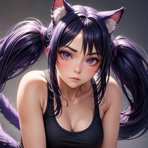 Realistic poster portrait of Masnya, (Purple skin color:1.1), Cat ear, alone, Jeremy Lipking, William Bouguereau, (Alphonse Mucha:0.5), By d-art , SFW Dark blue hair girl, Cat ears and tail, Wearing a tank top and racing pants. Loli body type Twin tails Female genitalia is visible Detailed depiction of female genitalia Flat Chest Stern expression With legs apart