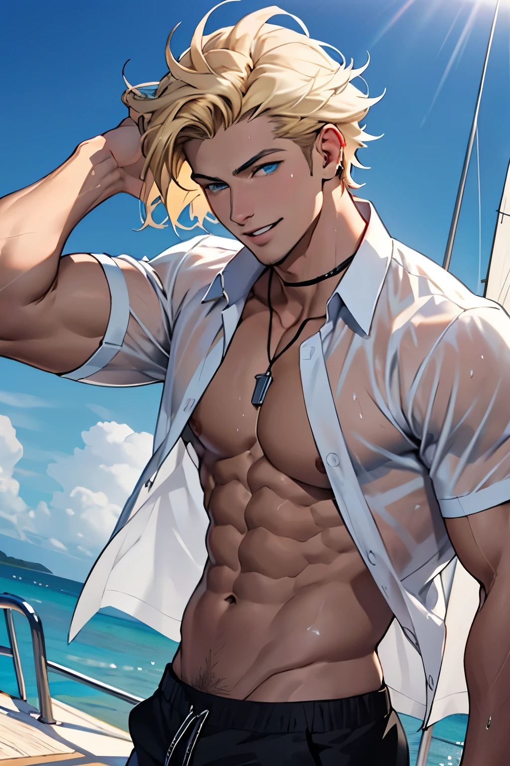 ((best quality)), ((Masterpiece)), (details), perfect face,high definition,Masterpiece,4k,detailsชัดเจน,,,หน้าhandsome,white skin,perfect body,male body,strong muscles,กล้ามเนื้อabdomenเป็นคลื่น,abdomen,blue eyes,white skin,ผู้ชายhandsomeที่สุดในโลก,handsome,,The coolest face,Male characters,Strong breasts,beautiful eyes,Look clearly...,short hair,Blonde hair,smile,happy face,kindness,perfect Body,Sixpack,Bright Skin,Healthy,shorts,Dark eyebrows,shirtless,Model,Bright lights,Posing,Happy,wet Skin,Yacht,on the Yacht,clear sky,Beautiful ocean,stand on boat,The wind is blowing,relexing,Good lips,Full HD,beautiful light,Sun light,focus body,muscular,beautiful eyes,V shape,perfect male face,handsome,sexy man,beach shirt,open shirt,windy,colorful outfits,male nacklace,piercing