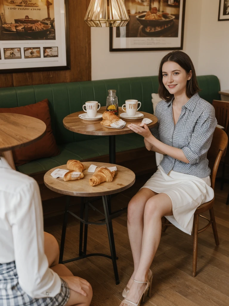 her name is Elle, high quality, 1girl, ((20-year-old fit Caucasian woman)), ((20 years old)), ((fit)), ((pale skin)), short length straight dark hair , wearingRuched Front Satin Blouse + High-Waisted Asymmetrical Skirt, pose: sitting on a chair, background: Describe the cozy interior of a Parisian café, with its small round tables topped with checkered tablecloths, wrought iron chairs, vintage posters adorning the walls, and the aroma of freshly brewed coffee mingling with the scent of freshly baked croissants.