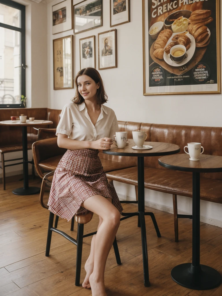 her name is Elle, high quality, 1girl, ((20-year-old fit Caucasian woman)), ((20 years old)), ((fit)), ((pale skin)), short length straight dark hair , wearingRuched Front Satin Blouse + High-Waisted Asymmetrical Skirt, pose: sitting on a chair, background: Describe the cozy interior of a Parisian café, with its small round tables topped with checkered tablecloths, wrought iron chairs, vintage posters adorning the walls, and the aroma of freshly brewed coffee mingling with the scent of freshly baked croissants.