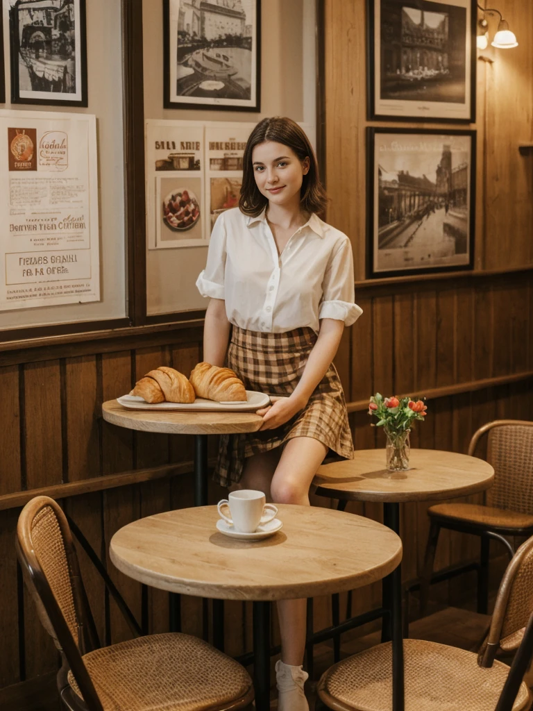 her name is Elle, high quality, 1girl, ((20-year-old fit Caucasian woman)), ((20 years old)), ((fit)), ((pale skin)), short length straight dark hair , wearingRuched Front Satin Blouse + High-Waisted Asymmetrical Skirt, pose: sitting on a chair, background: Describe the cozy interior of a Parisian café, with its small round tables topped with checkered tablecloths, wrought iron chairs, vintage posters adorning the walls, and the aroma of freshly brewed coffee mingling with the scent of freshly baked croissants.