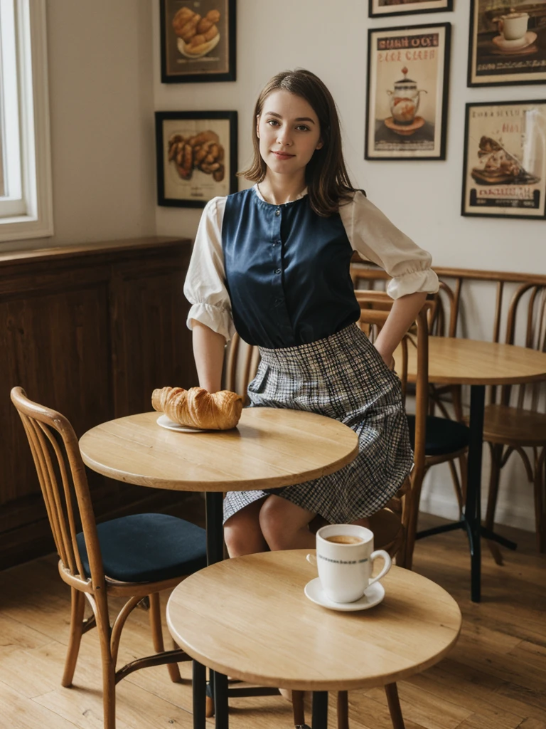 her name is Elle, high quality, 1girl, ((20-year-old fit Caucasian woman)), ((20 years old)), ((fit)), ((pale skin)), short length straight dark hair , wearingRuched Front Satin Blouse + High-Waisted Asymmetrical Skirt, pose: sitting on a chair, background: Describe the cozy interior of a Parisian café, with its small round tables topped with checkered tablecloths, wrought iron chairs, vintage posters adorning the walls, and the aroma of freshly brewed coffee mingling with the scent of freshly baked croissants.