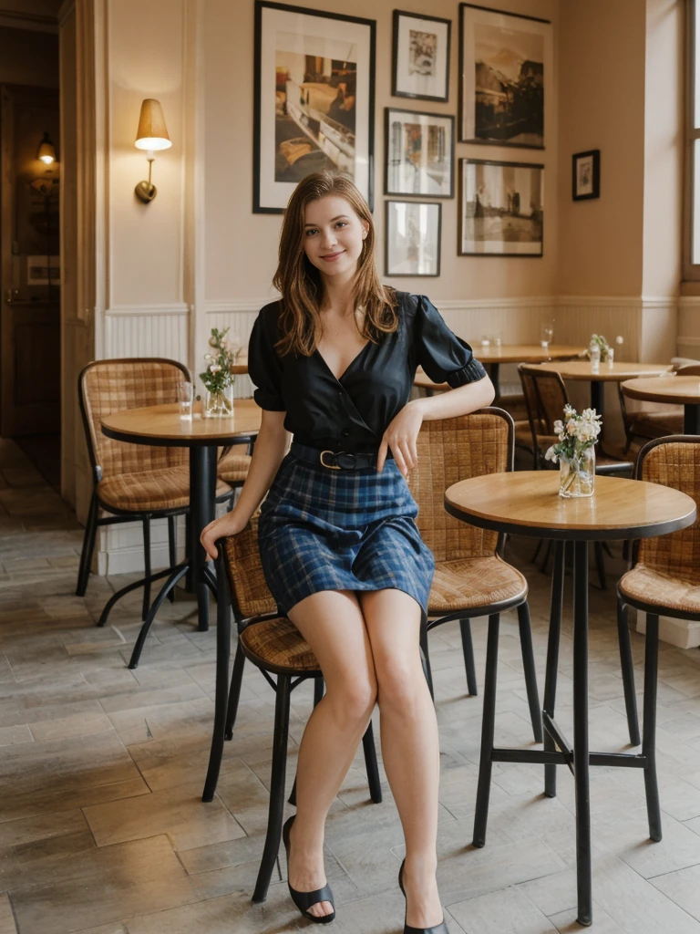 her name is Elle, high quality, 1girl, ((20-year-old fit Caucasian woman)), ((20 years old)), ((fit)), ((pale skin)), short length straight dark hair , wearingRuched Front Satin Blouse + High-Waisted Asymmetrical Skirt, pose: sitting on a chair, background: Describe the cozy interior of a Parisian café, with its small round tables topped with checkered tablecloths, wrought iron chairs, vintage posters adorning the walls, and the aroma of freshly brewed coffee mingling with the scent of freshly baked croissants.