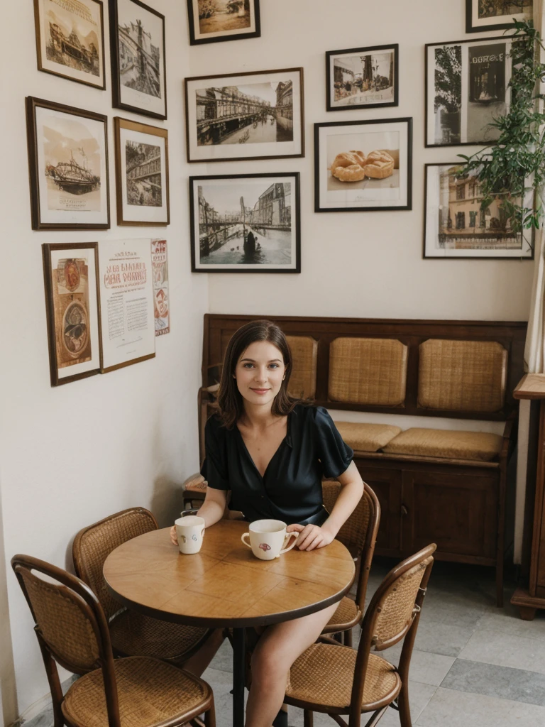 her name is Elle, high quality, 1girl, ((20-year-old fit Caucasian woman)), ((20 years old)), ((fit)), ((pale skin)), short length straight dark hair , wearingRuched Front Satin Blouse + High-Waisted Asymmetrical Skirt, pose: sitting on a chair, background: Describe the cozy interior of a Parisian café, with its small round tables topped with checkered tablecloths, wrought iron chairs, vintage posters adorning the walls, and the aroma of freshly brewed coffee mingling with the scent of freshly baked croissants.