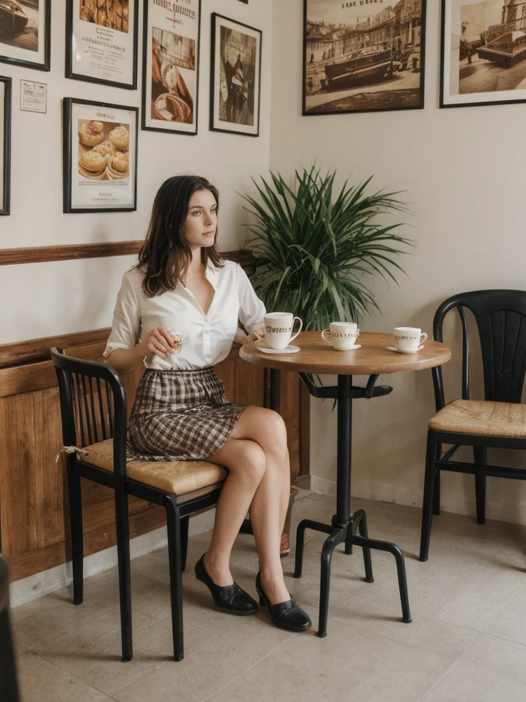 her name is Elle, high quality, 1girl, ((20-year-old fit Caucasian woman)), ((20 years old)), ((fit)), ((pale skin)), short length straight dark hair , wearingRuched Front Satin Blouse + High-Waisted Asymmetrical Skirt, pose: sitting on a chair, background: Describe the cozy interior of a Parisian café, with its small round tables topped with checkered tablecloths, wrought iron chairs, vintage posters adorning the walls, and the aroma of freshly brewed coffee mingling with the scent of freshly baked croissants.
