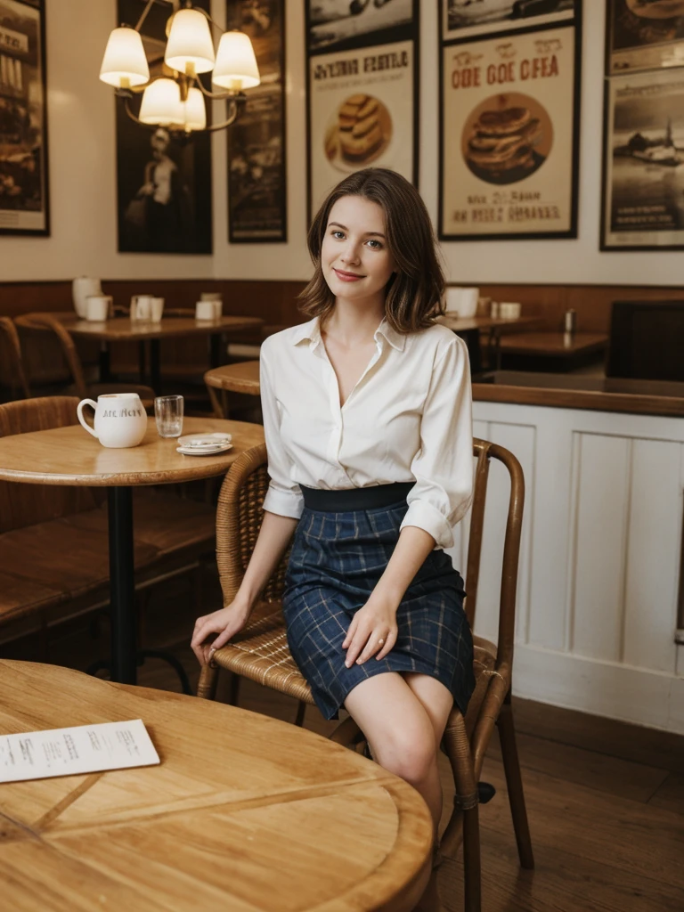 her name is Elle, high quality, 1girl, ((20-year-old fit Caucasian woman)), ((20 years old)), ((fit)), ((pale skin)), short length straight dark hair , wearingRuched Front Satin Blouse + High-Waisted Asymmetrical Skirt, pose: sitting on a chair, background: Describe the cozy interior of a Parisian café, with its small round tables topped with checkered tablecloths, wrought iron chairs, vintage posters adorning the walls, and the aroma of freshly brewed coffee mingling with the scent of freshly baked croissants.