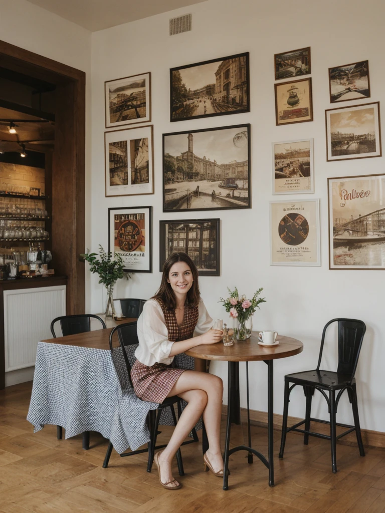 her name is Elle, high quality, 1girl, ((20-year-old fit Caucasian woman)), ((20 years old)), ((fit)), ((pale skin)), short length straight dark hair , wearingRuched Front Satin Blouse + High-Waisted Asymmetrical Skirt, pose: sitting on a chair, background: Describe the cozy interior of a Parisian café, with its small round tables topped with checkered tablecloths, wrought iron chairs, vintage posters adorning the walls, and the aroma of freshly brewed coffee mingling with the scent of freshly baked croissants.