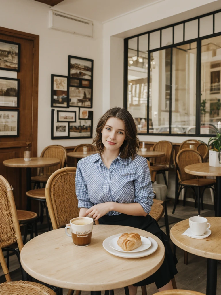 her name is Elle, high quality, 1girl, ((20-year-old fit Caucasian woman)), ((20 years old)), ((fit)), ((pale skin)), short length straight dark hair , wearingRuched Front Satin Blouse + High-Waisted Asymmetrical Skirt, pose: sitting on a chair, background: Describe the cozy interior of a Parisian café, with its small round tables topped with checkered tablecloths, wrought iron chairs, vintage posters adorning the walls, and the aroma of freshly brewed coffee mingling with the scent of freshly baked croissants.