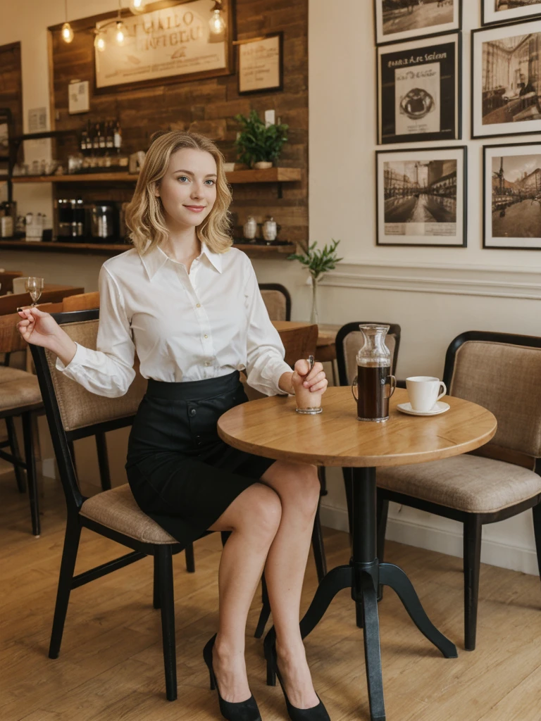 her name is Elle, high quality, 1girl, ((20-year-old fit Caucasian woman)), ((20 years old)), ((fit)), ((pale skin)), short length straight dark hair , wearingRuched Front Satin Blouse + High-Waisted Asymmetrical Skirt, pose: sitting on a chair, background: Describe the cozy interior of a Parisian café, with its small round tables topped with checkered tablecloths, wrought iron chairs, vintage posters adorning the walls, and the aroma of freshly brewed coffee mingling with the scent of freshly baked croissants.