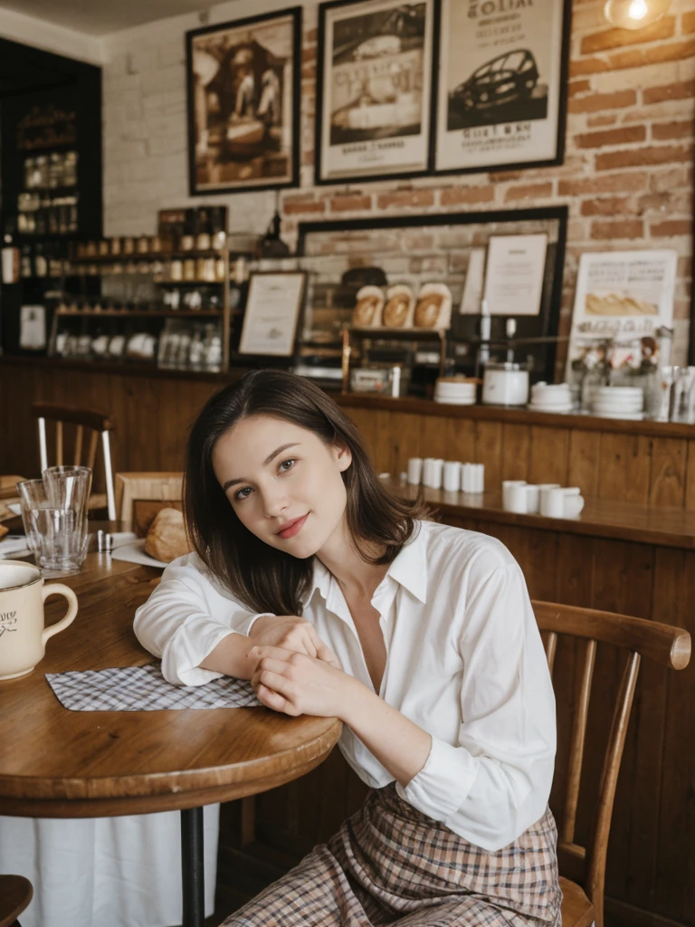 her name is Elle, high quality, 1girl, ((20-year-old fit Caucasian woman)), ((20 years old)), ((fit)), ((pale skin)), short length straight dark hair , wearingRuched Front Satin Blouse + High-Waisted Asymmetrical Skirt, pose: sitting on a chair, background: Describe the cozy interior of a Parisian café, with its small round tables topped with checkered tablecloths, wrought iron chairs, vintage posters adorning the walls, and the aroma of freshly brewed coffee mingling with the scent of freshly baked croissants.