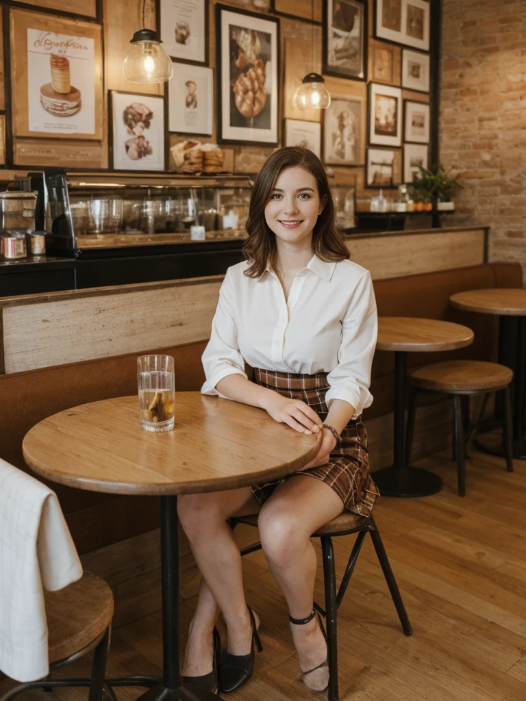 her name is Elle, high quality, 1girl, ((20-year-old fit Caucasian woman)), ((20 years old)), ((fit)), ((pale skin)), short length straight dark hair , wearingRuched Front Satin Blouse + High-Waisted Asymmetrical Skirt, pose: sitting on a chair, background: Describe the cozy interior of a Parisian café, with its small round tables topped with checkered tablecloths, wrought iron chairs, vintage posters adorning the walls, and the aroma of freshly brewed coffee mingling with the scent of freshly baked croissants.