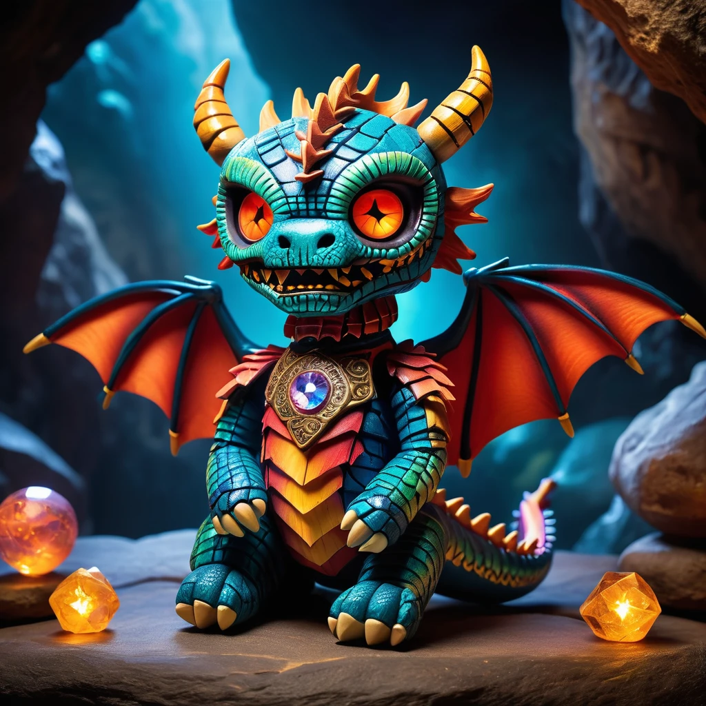 (knitted toy voodoo doll:1.7), (Voodoo Magic Dragon:1.8), (Clothing: enchanted scales with mystical runes:1.0), (Accessories: glowing crystal orb, magical amulet, dragon wings:1.2), (Background: ancient cave with glowing crystals, swirling mist, and magical glyphs:1.2), (full body:1.0), best quality, masterpiece, detailed soft oil painting, detailed background, dramatic cinematic lighting, soft edge lighting, professional, dramatic lighting, hard edge lighting, ultra quality, 4k, masterpiece, best quality, 8k, ultra high definition, high resolution, extremely detailed