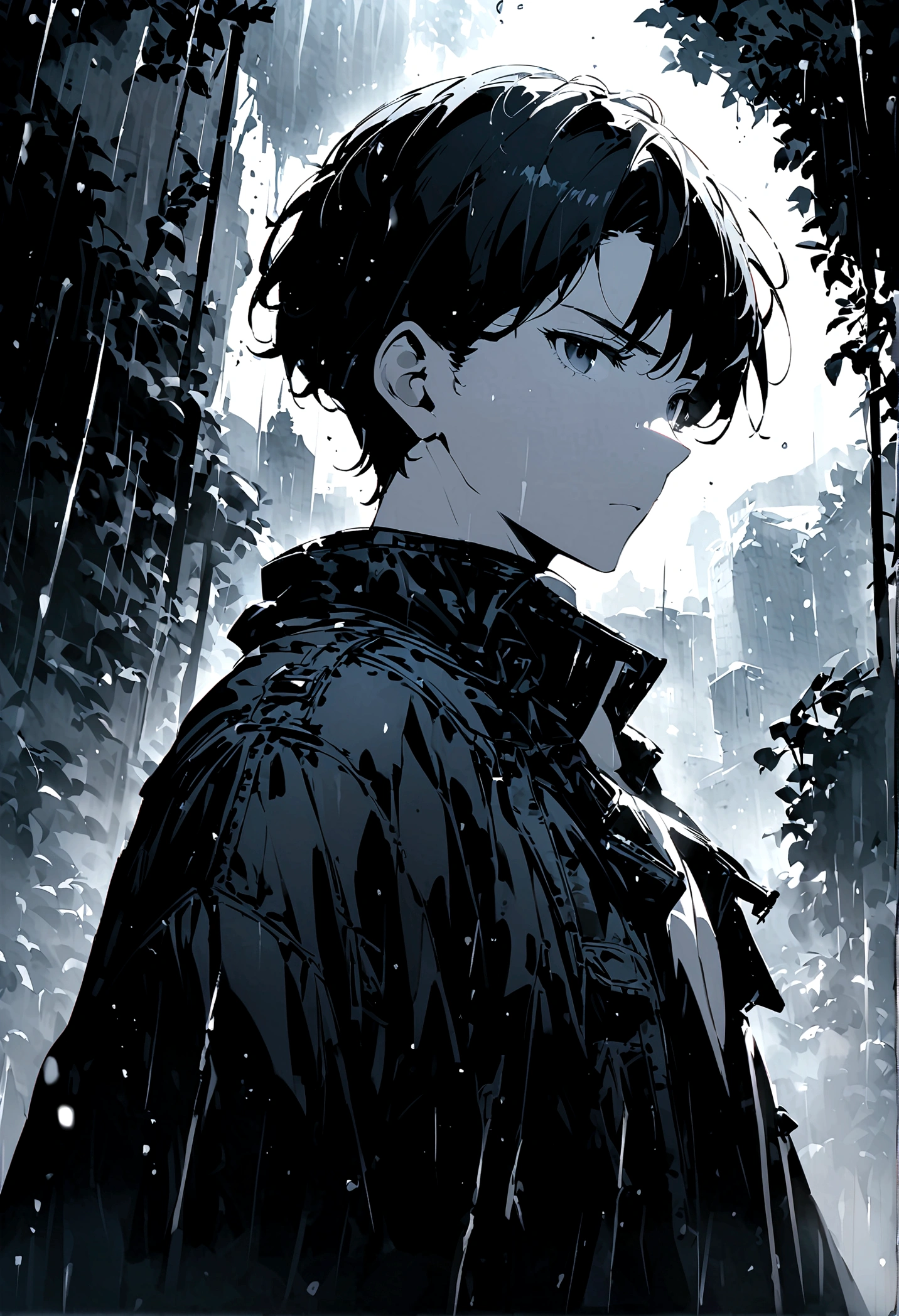 Short hairstyle for men、Black Hair、black eyes、gloomily，moonlight，Cool，rain，(((Black and white style)))，cold